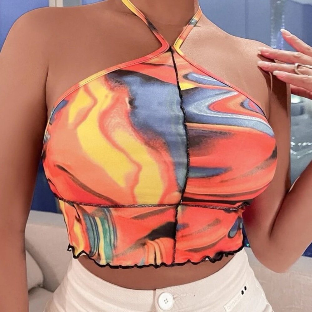 SHEIN Lettuce Trim Halter Crop Top